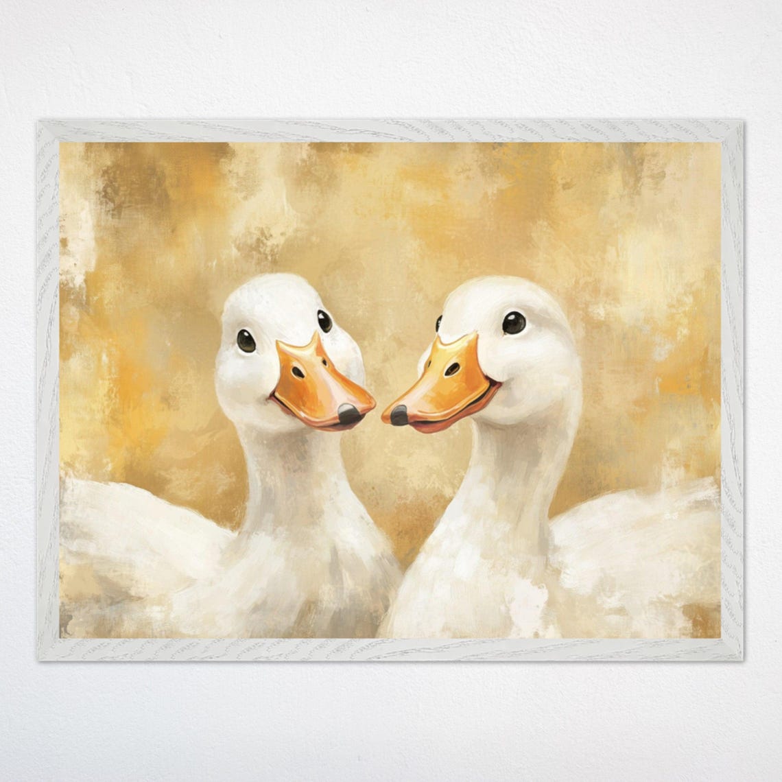 Two White Ducks Beak to Beak on a Golden Painterly Background Poster