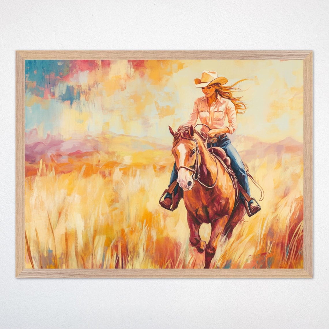 Cowgirl Riding A Horse Through Golden Wheat At Sunset Poster