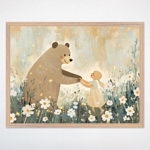 Bear And Flower Art, Whimsical Nursery Decor