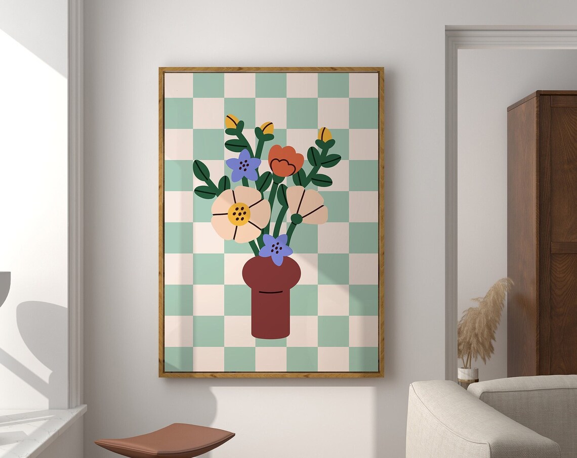 Flowers In Vase Retro Checkered Botanical Poster