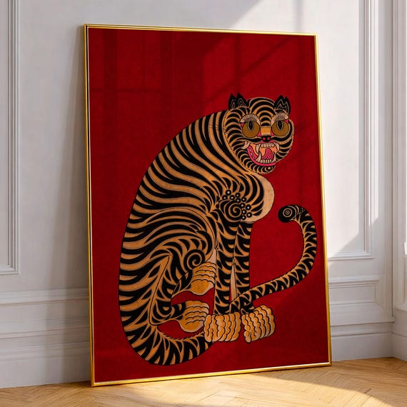 Vintage Korean Tiger Poster Bold Oriental Animal Wall Art Retro Folk Print Minhwa Style Scene Fierce Home Decor