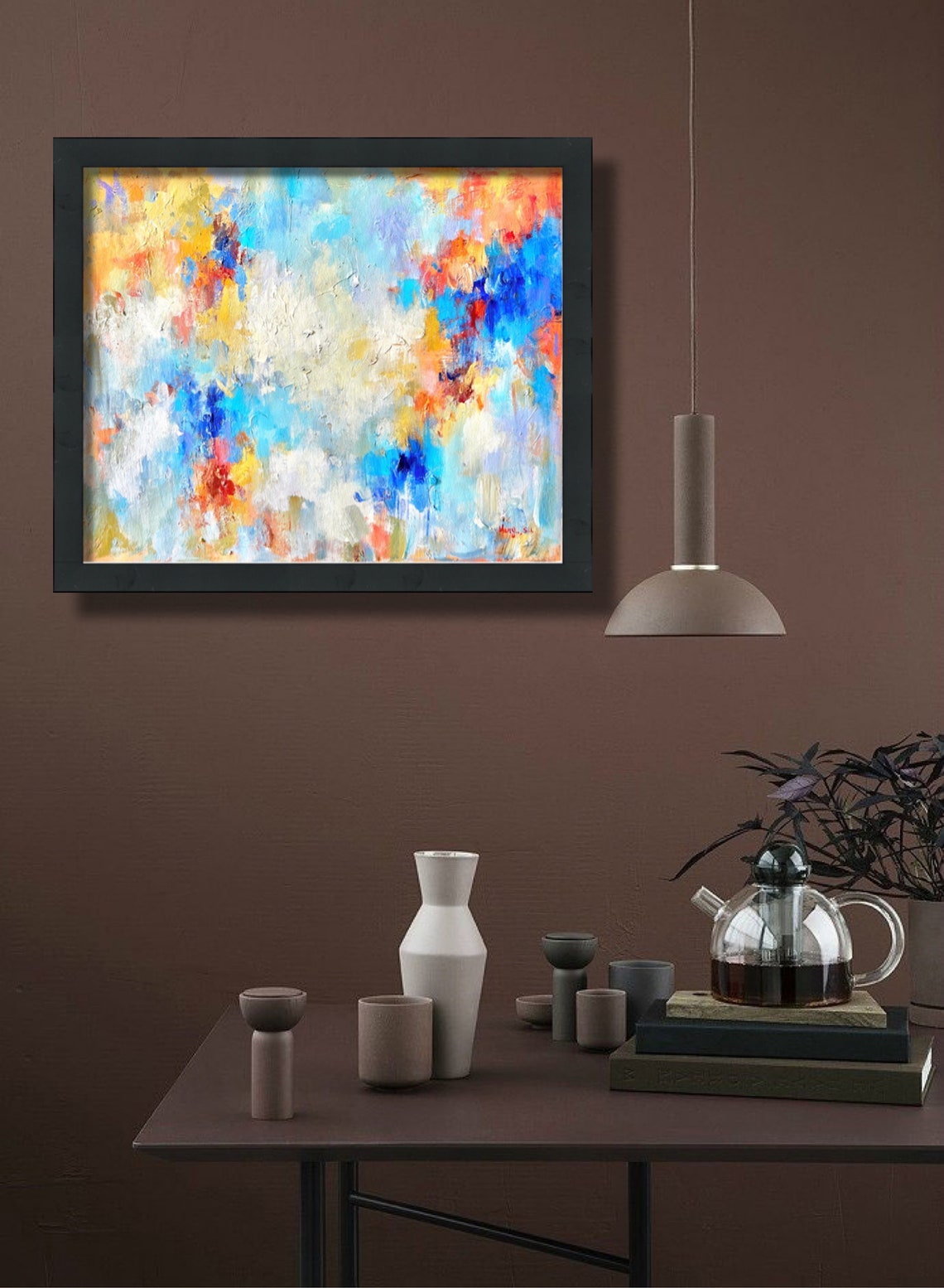 Bright Colorful Abstract White Blue Orange Modern Canvas Art Print - Image 2