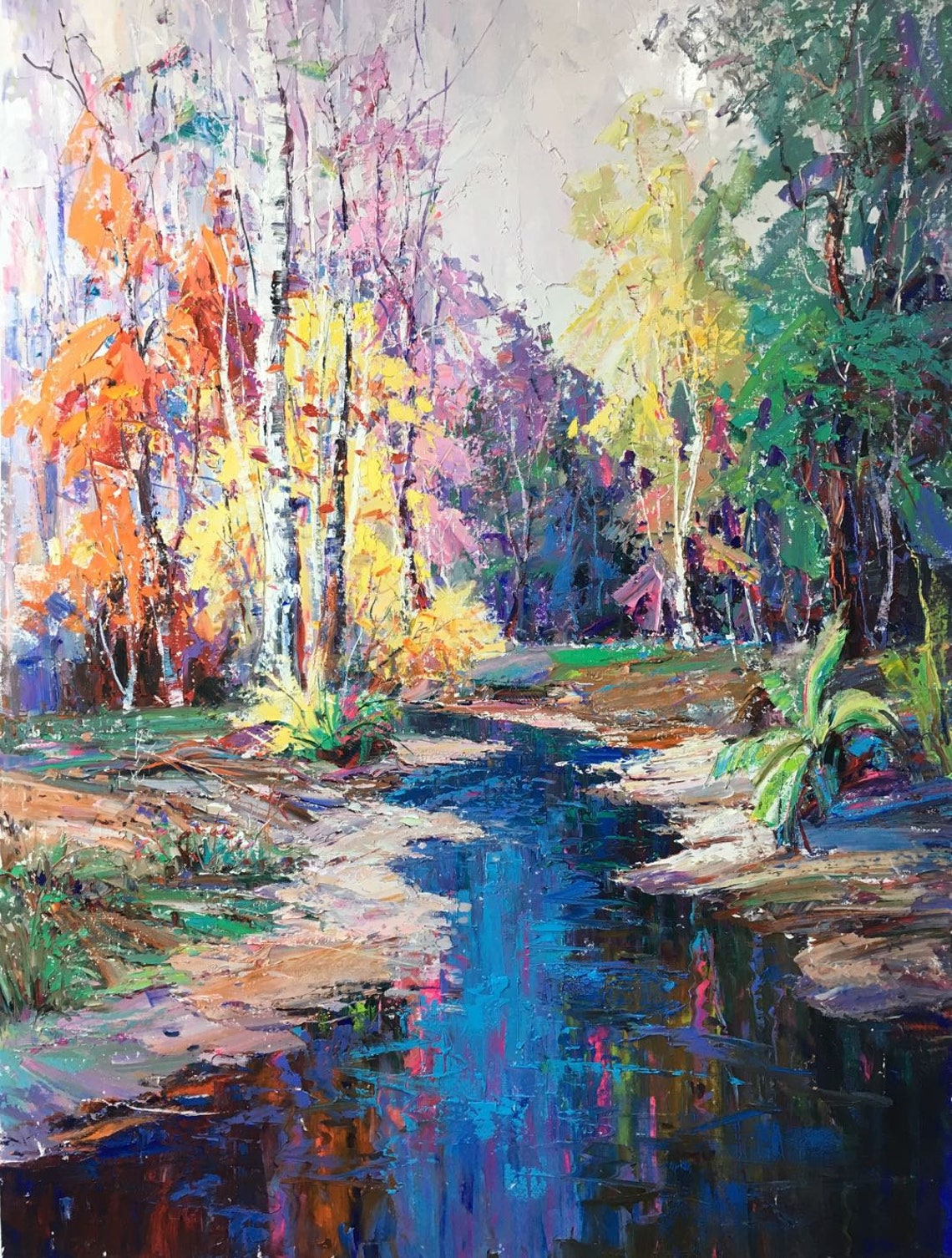 Colorful Forest Stream Autumn Birch Trees Vivid Blue Water Poster