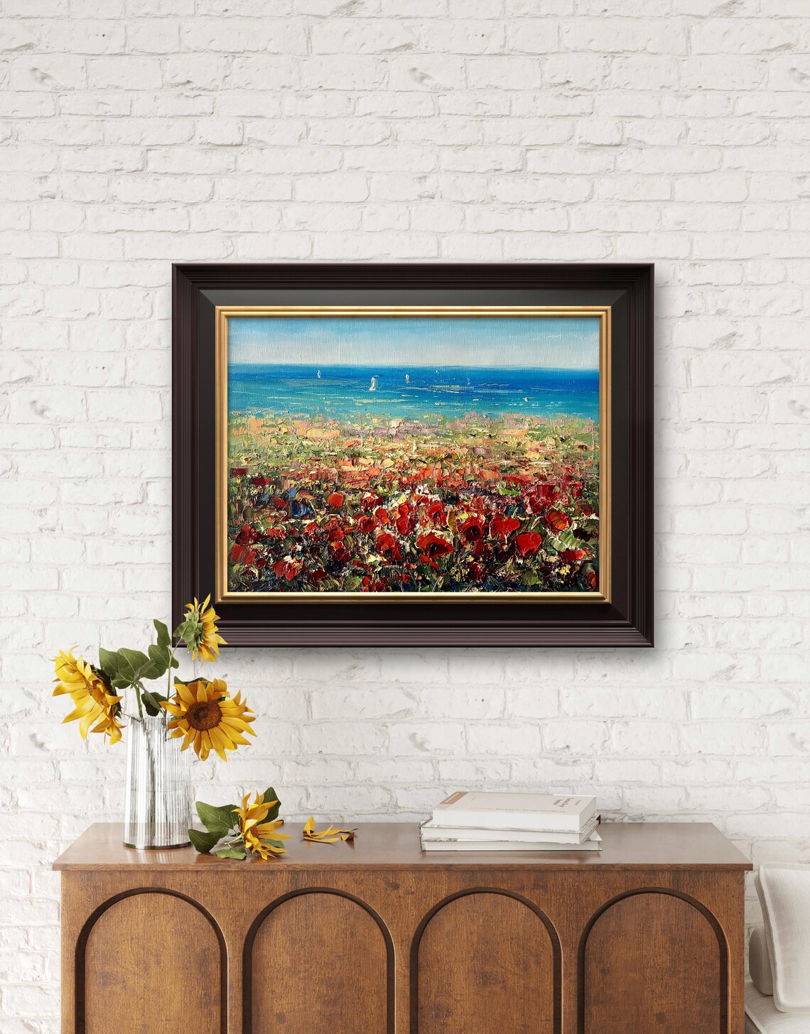 Red Poppy Field By The Blue Sea With Sailboats Oil Painting Poster
