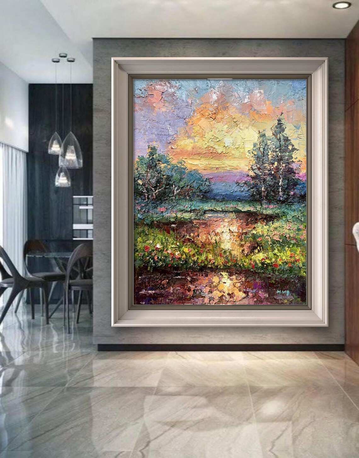 Golden Sunset Over Flower Field And Trees Textured Oil Painting Poster - Image 4