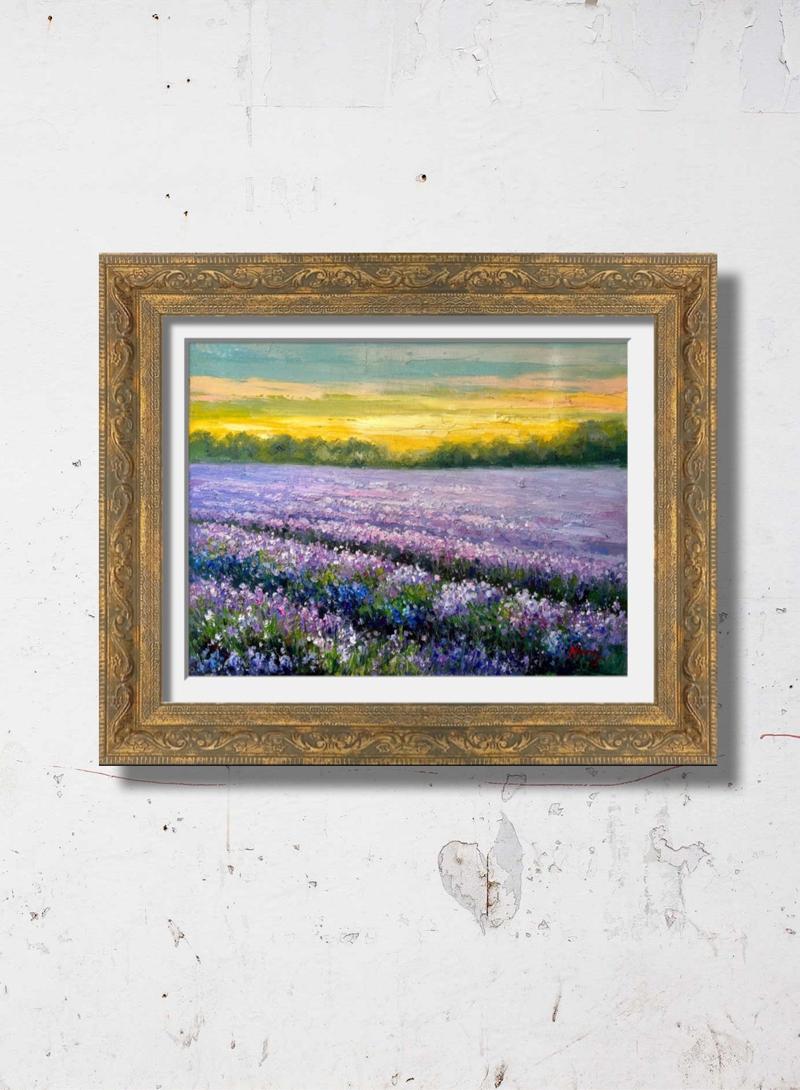 Lavender Field Purple Rows Sunset Golden Sky Landscape Poster