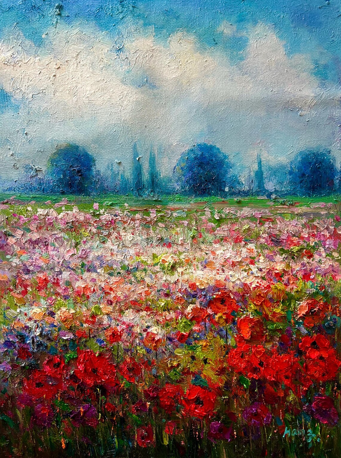 Red Poppy Field Oil Painting Summer Blooms Cloudy Sky Nature Poster - Image 5