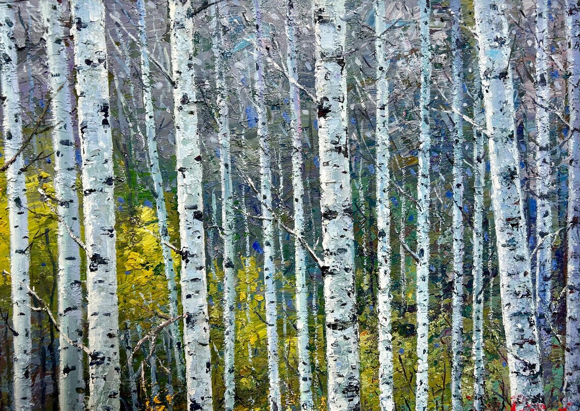 White Birch Trunks Oil Painting Red Autumn Undergrowth Texture Poster - Image 3