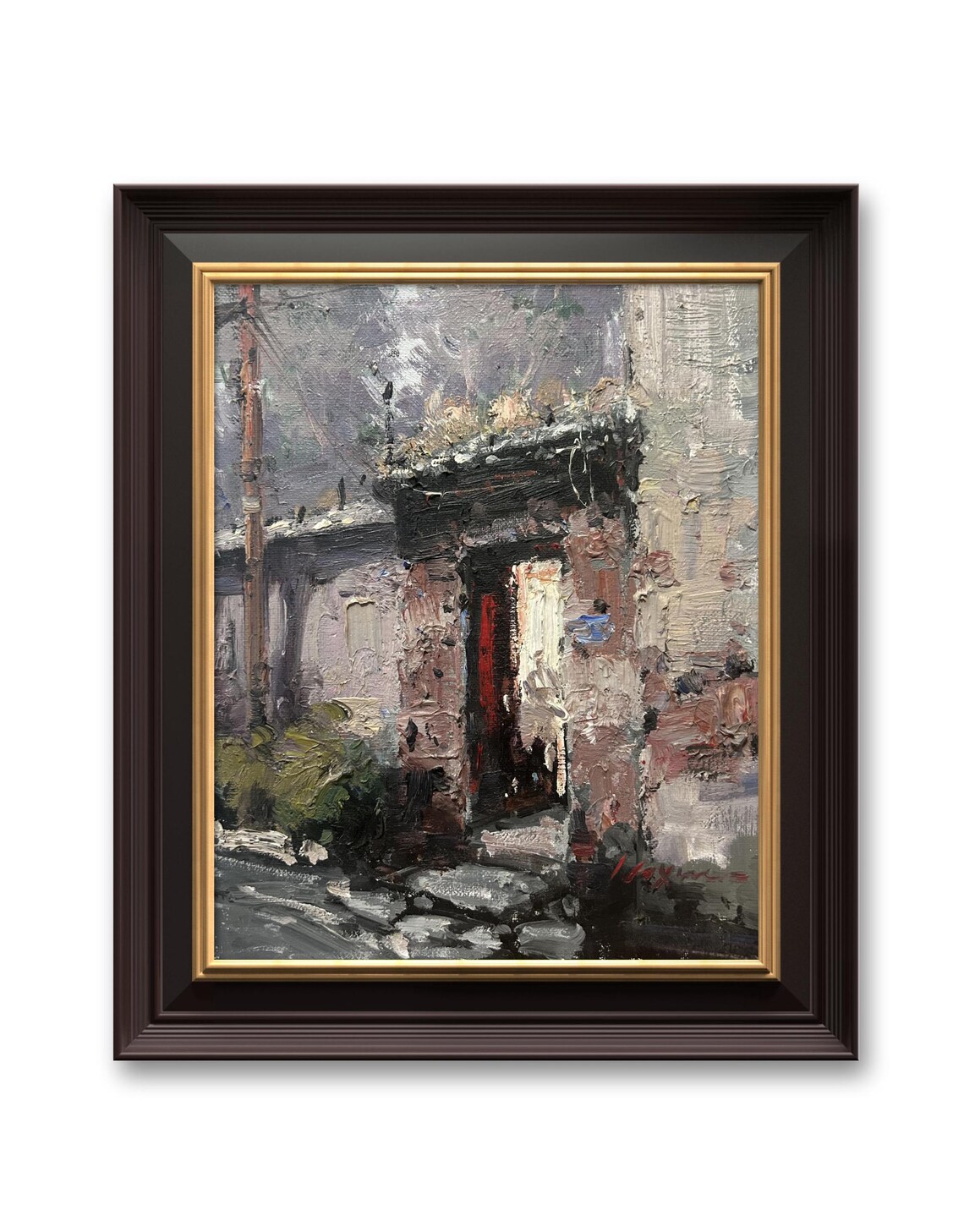 Old Town Street Weathered Doorway Impasto Oil Painting Poster