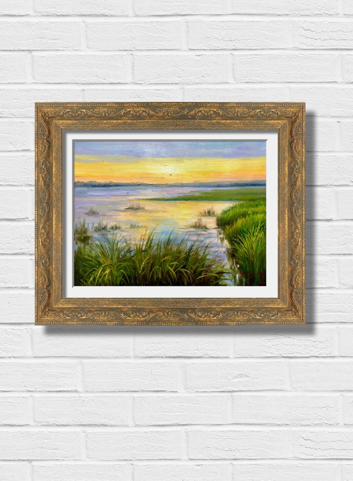 Golden Marsh Sunset Lake Reflection Reeds Wetland Oil Poster