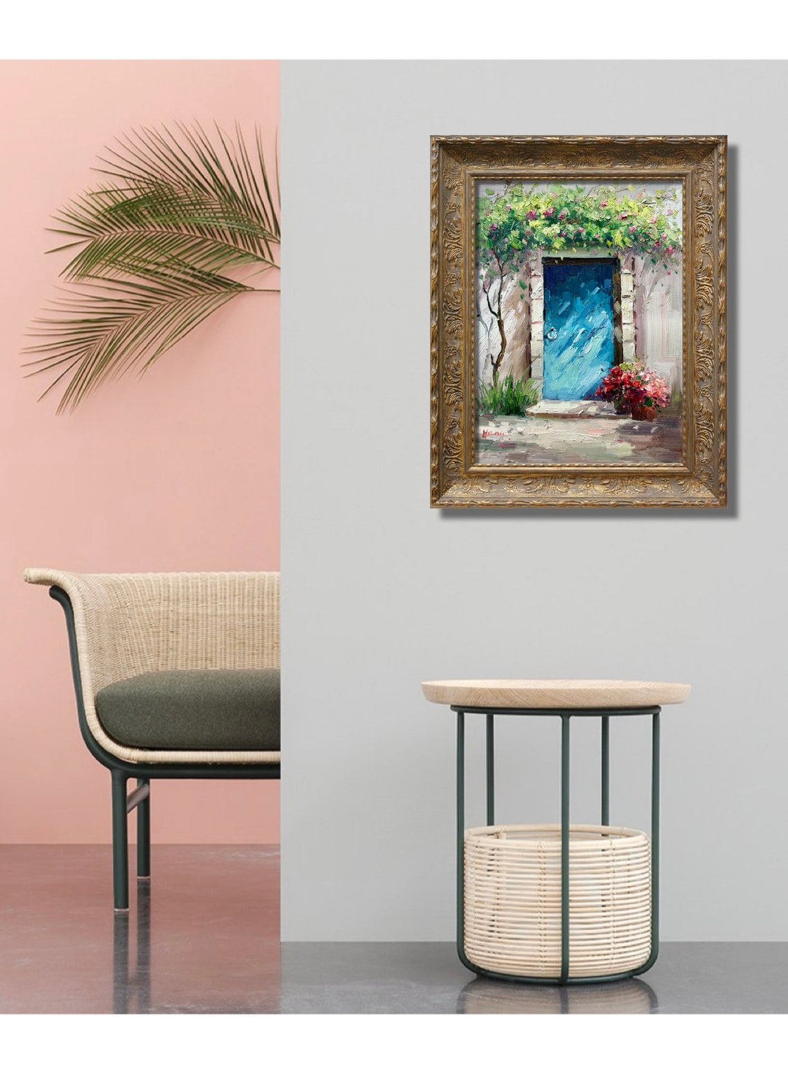 Blue Mediterranean Door Blooming Vines Charming Entryway Print - Image 2