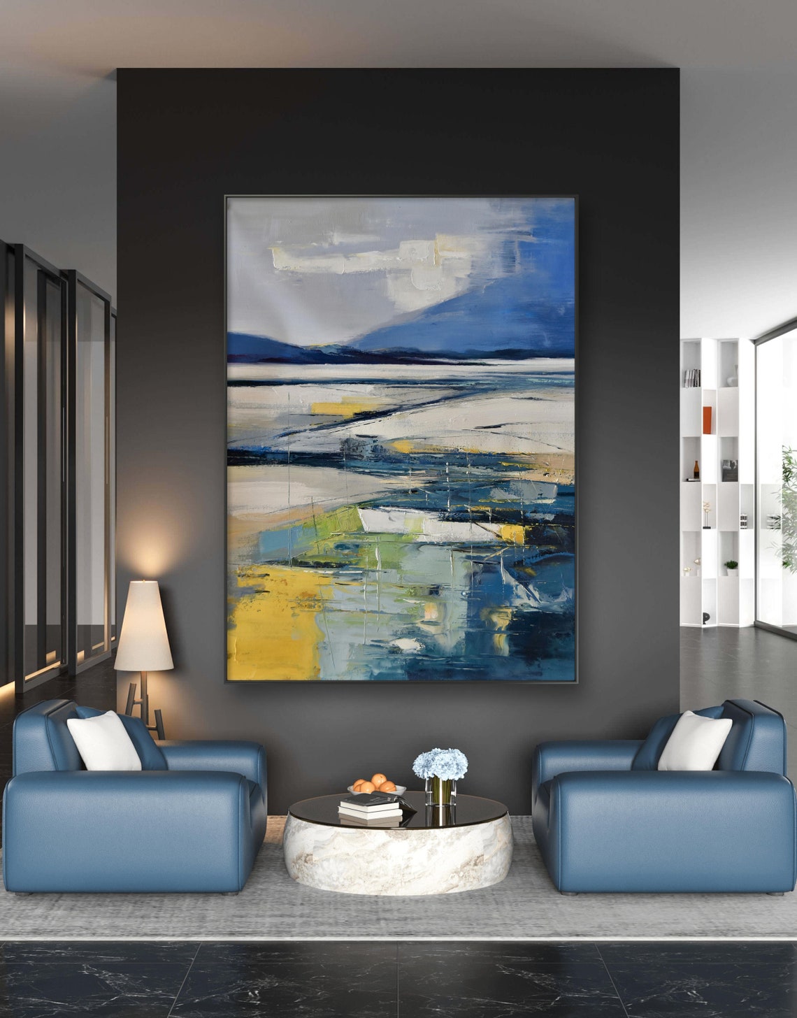 Abstract Blue And Gold Lakeside Landscape Modern Oil Painting Print