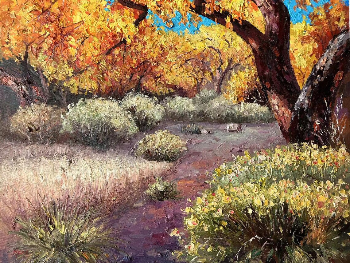 Golden Autumn Forest Path Bright Blue Sky Impasto Oil Painting Poster - Image 4