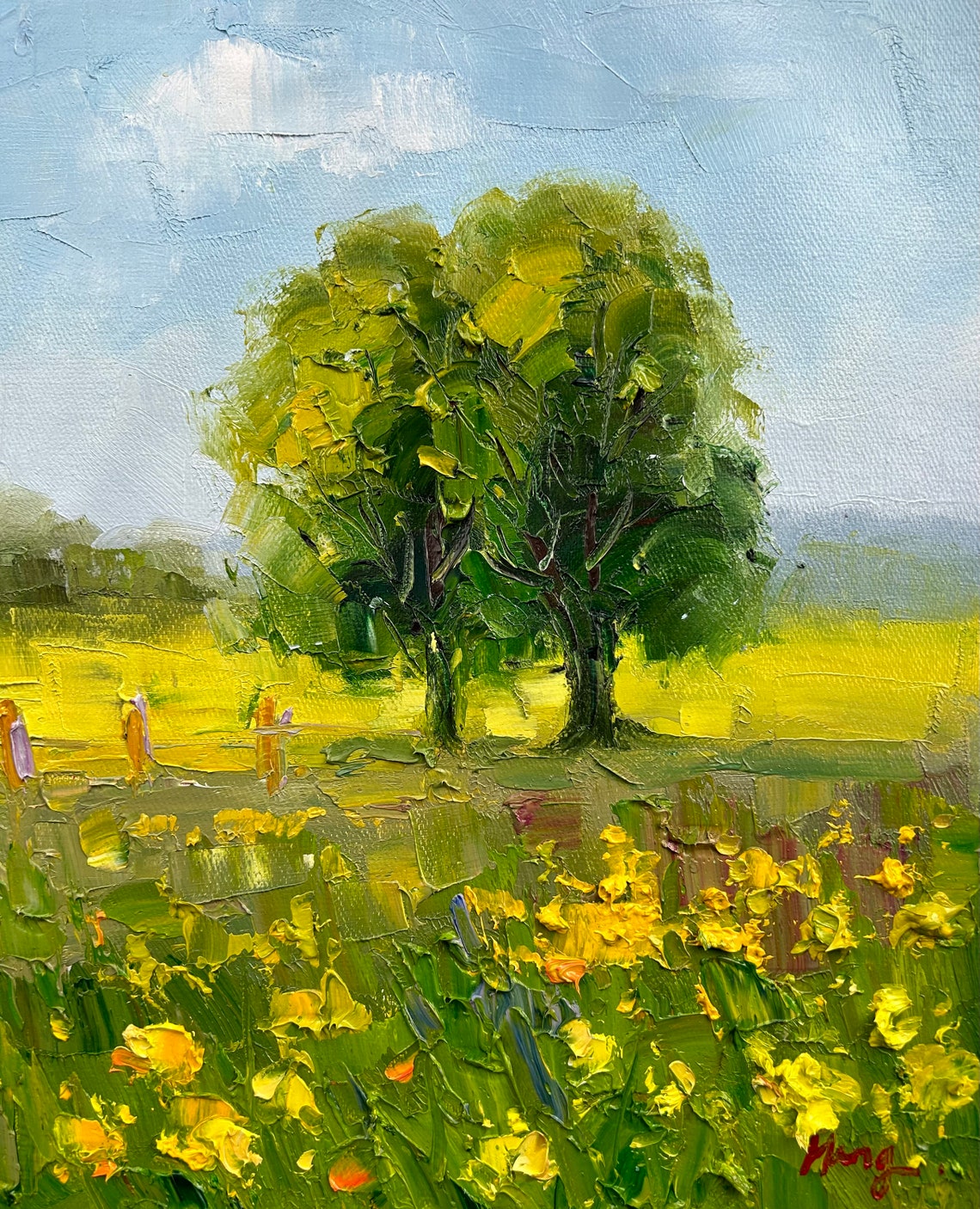 Sunny Meadow With Yellow Wildflowers Fence And Big Tree Poster - Image 5