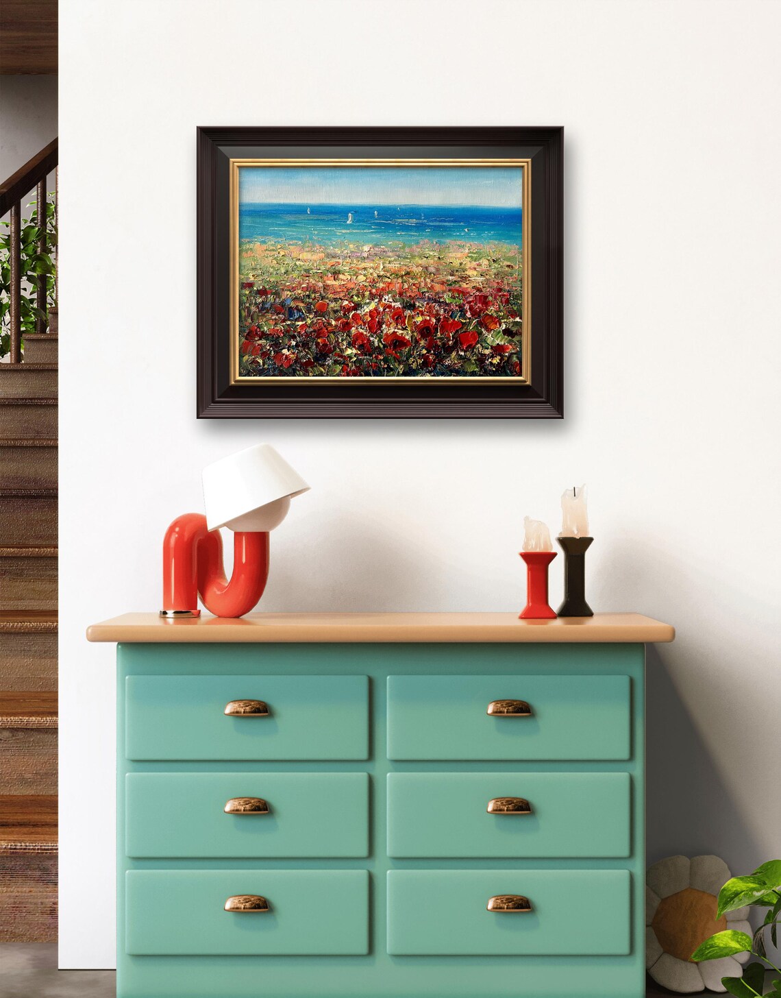 Red Poppy Field By The Blue Sea With Sailboats Oil Painting Poster - Image 3