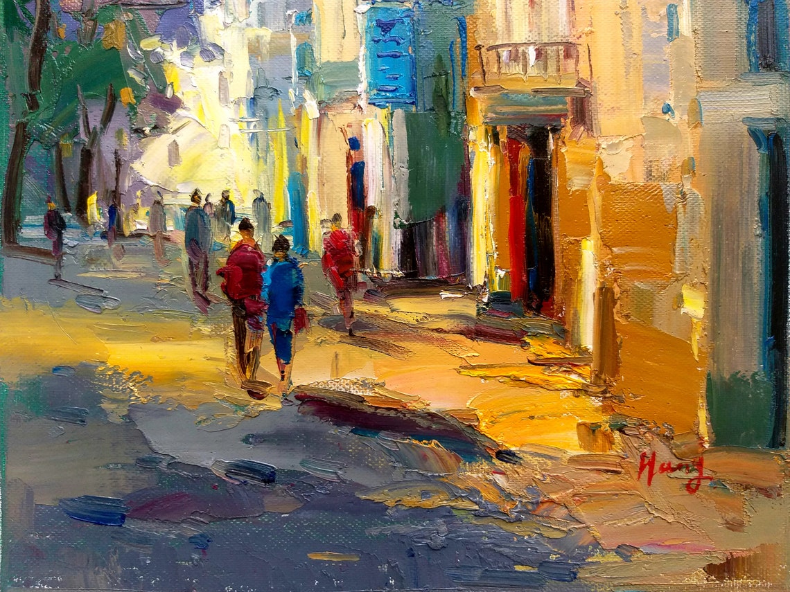 Sunny Old Town Street People Warm European Facades Scene Poster - Image 2