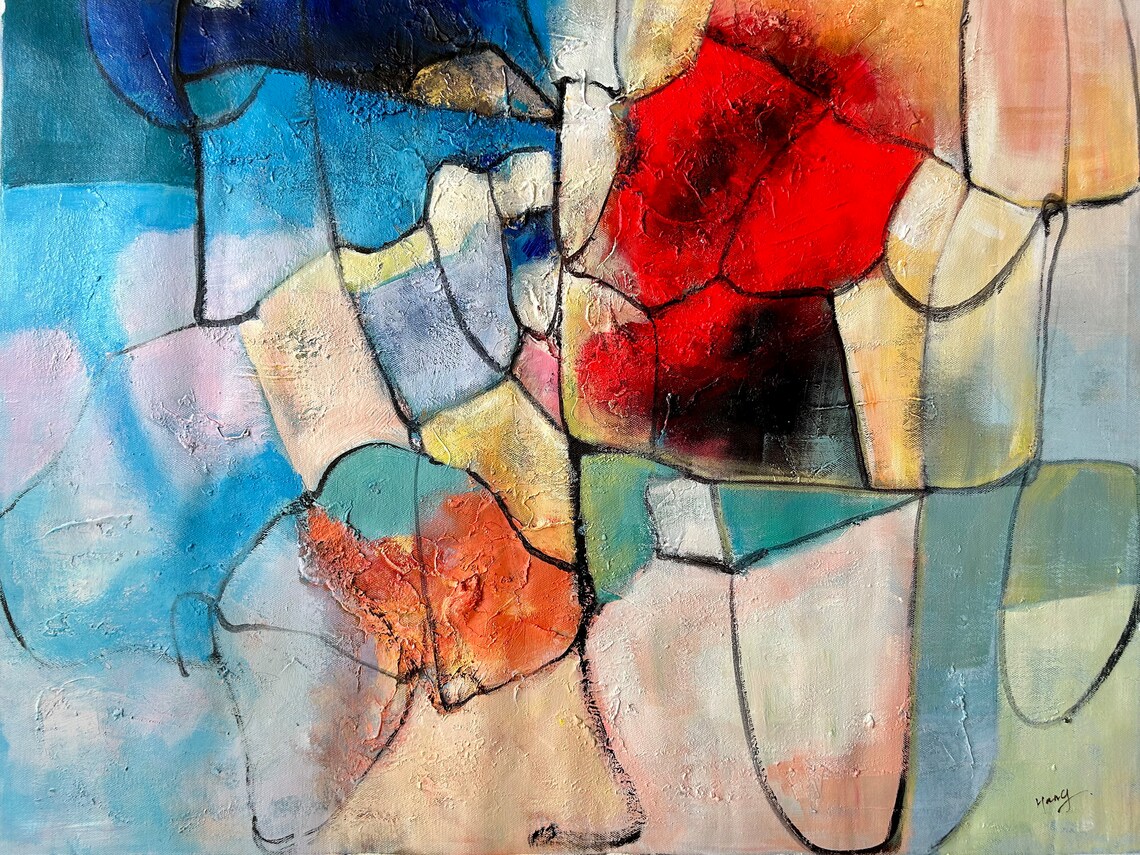 Abstract Blue Red Yellow Geometric Mosaic Oil Painting Print - Image 5