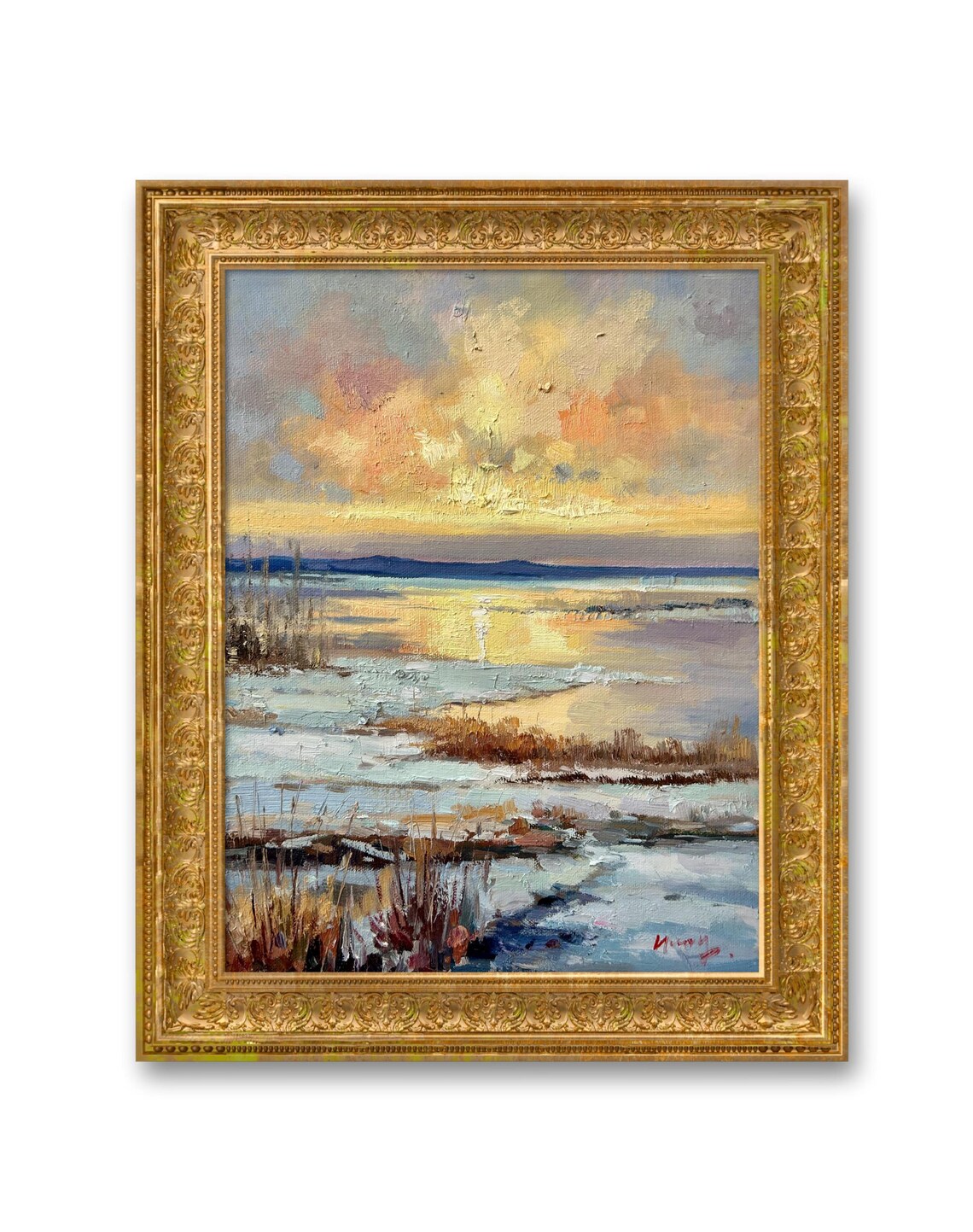 Winter Wetlands Sunset Oil Painting Frozen Lake Golden Sky Poster