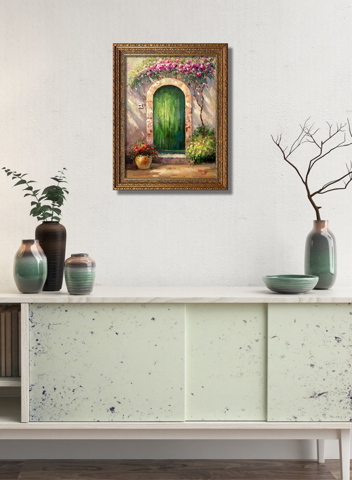 Mediterranean Green Door With Pink Bougainvillea Flowers Oil Poster - Image 2