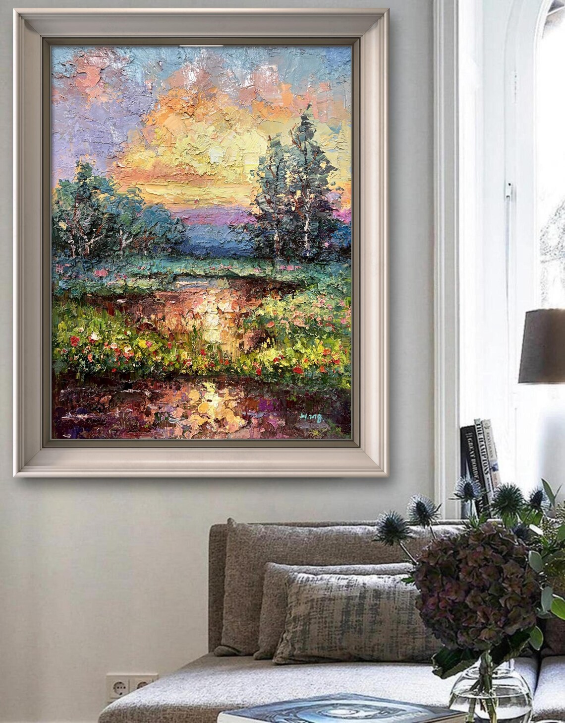 Golden Sunset Over Flower Field And Trees Textured Oil Painting Poster - Image 2