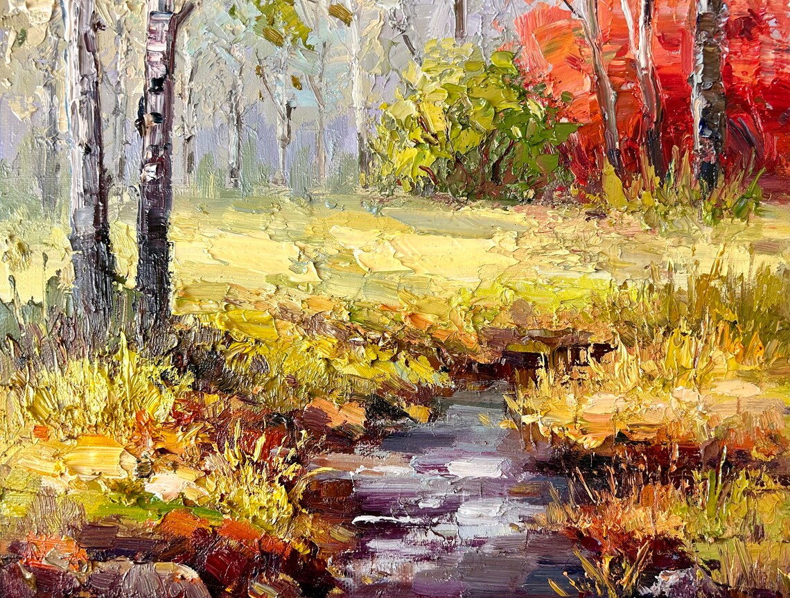 Autumn Birch Forest Stream Golden Leaves Landscape Oil Poster - Image 4