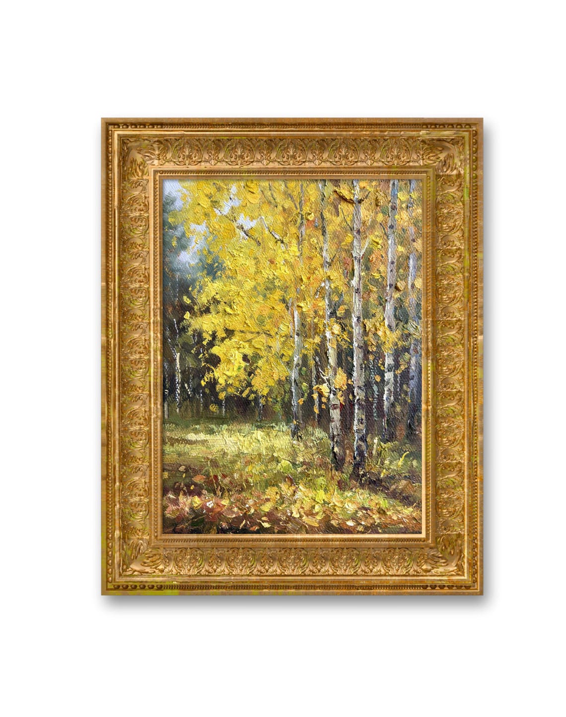 Autumn Birch Trees Oil Painting Yellow Canopy Fallen Leaves Poster