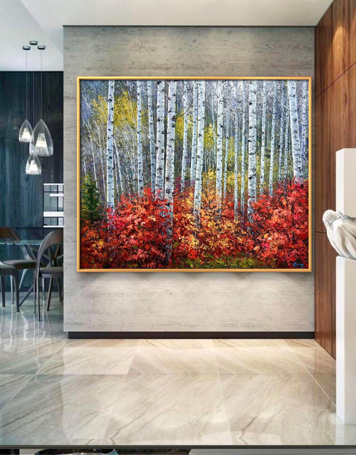White Birch Trunks Oil Painting Red Autumn Undergrowth Texture Poster