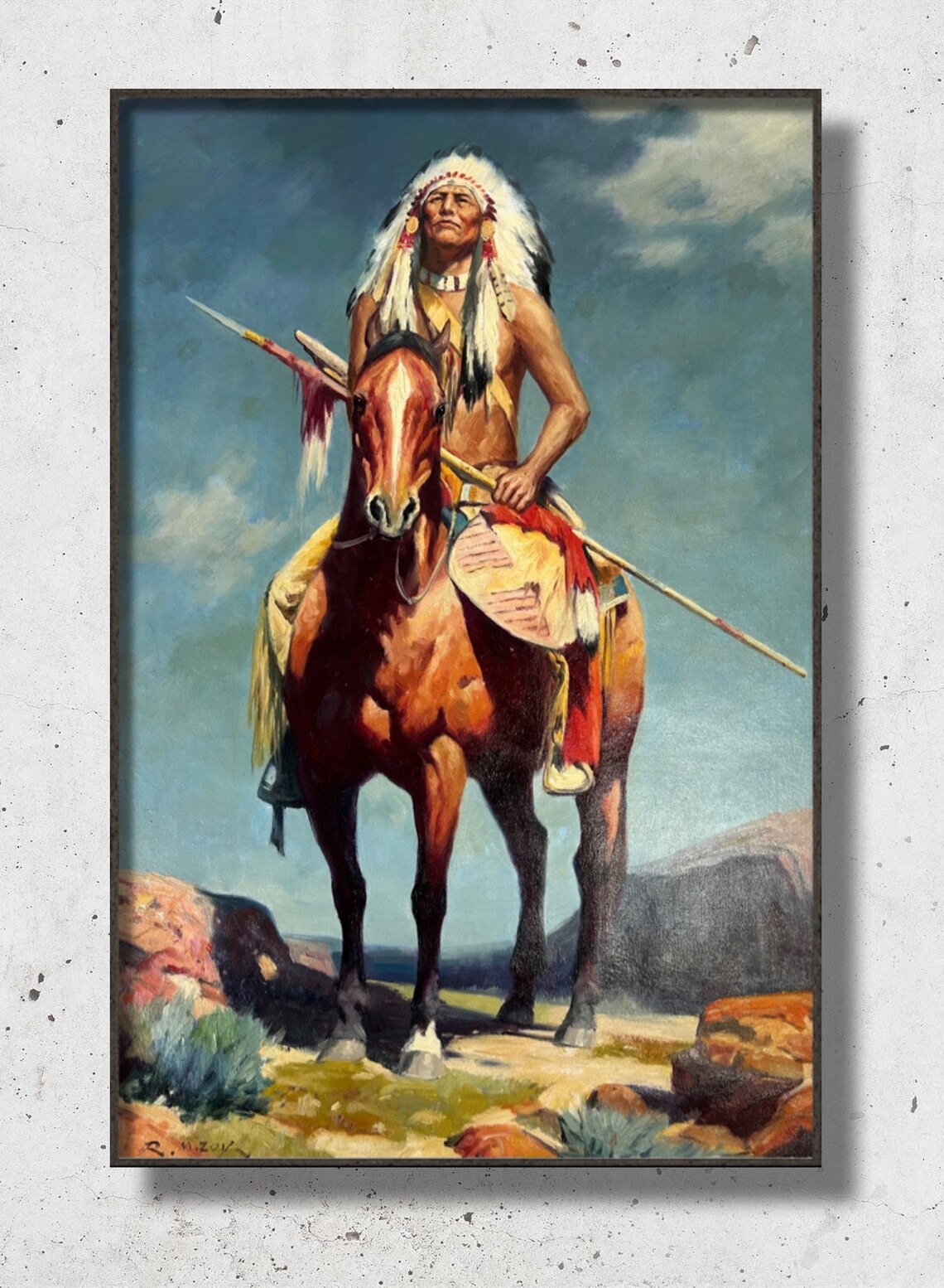 Native American Chief Horseback Desert Canyon Heritage Oil Art Print