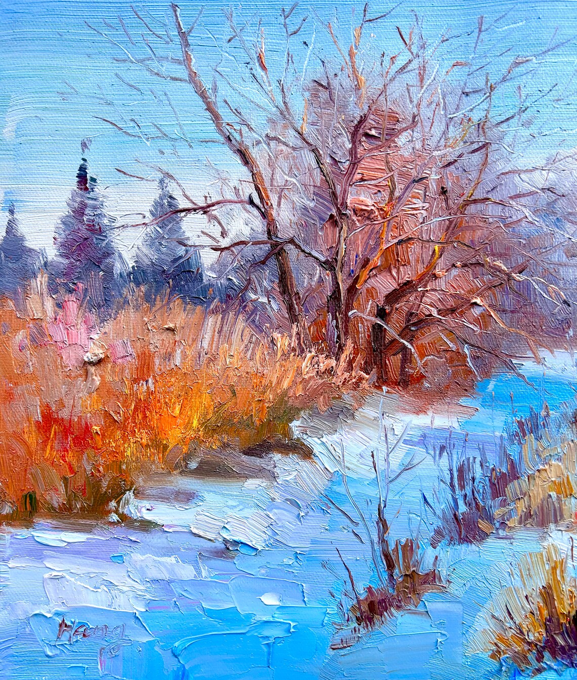 Winter Snow Marsh Golden Bushes Frozen Stream Landscape Poster - Image 4