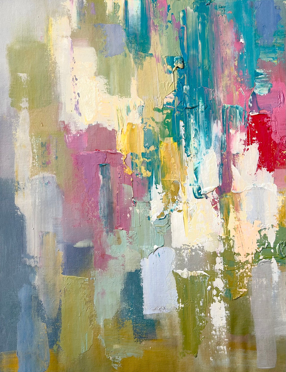 Pastel Yellow Pink Teal Abstract Cheerful Modern Oil Art Print - Image 5