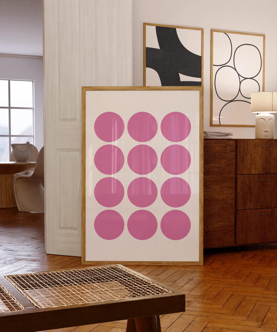 Bright Pink Circles Grid Retro Minimalist Geometric Pattern Poster