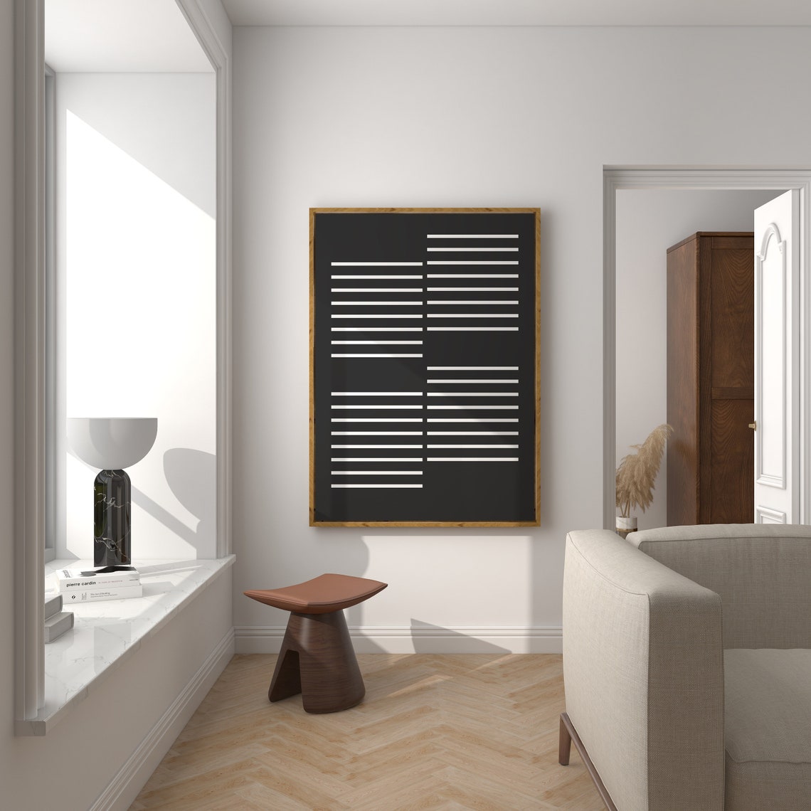 White Lines on Black Minimalist Abstract Wabi Sabi Style Wall Art - Image 3