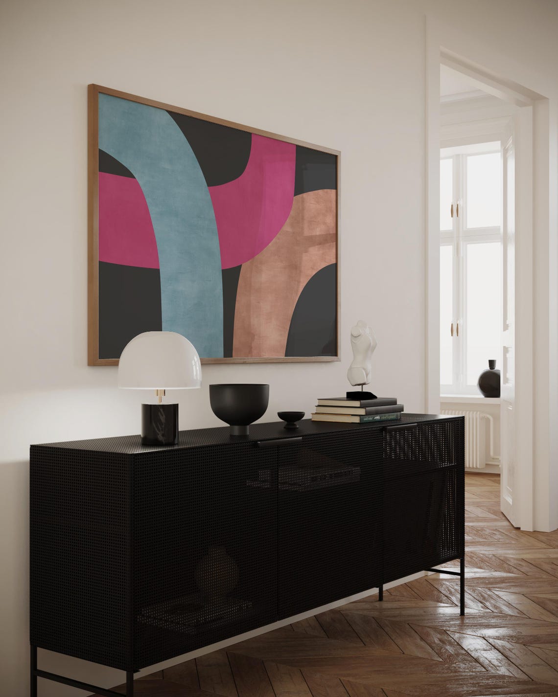 Bold Pink Blue Brown Organic Curves Mid Century Abstract Art Poster - Image 2