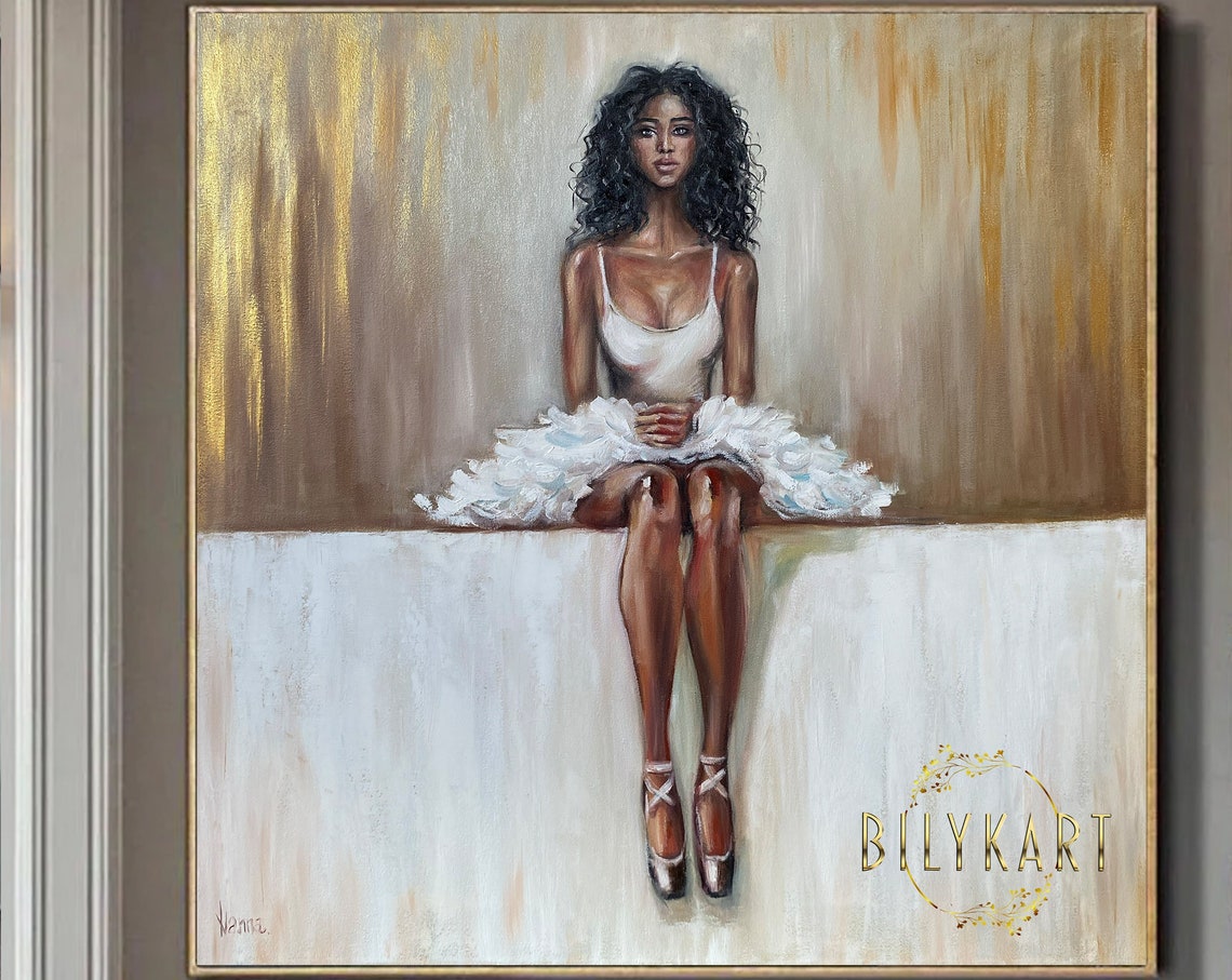 Contemporary Ballerina Painting On Gold White Ballet Wall Art African Girl Oil Painting Ballerina Sitting Art Ballet Artwork For Sale - Image 3
