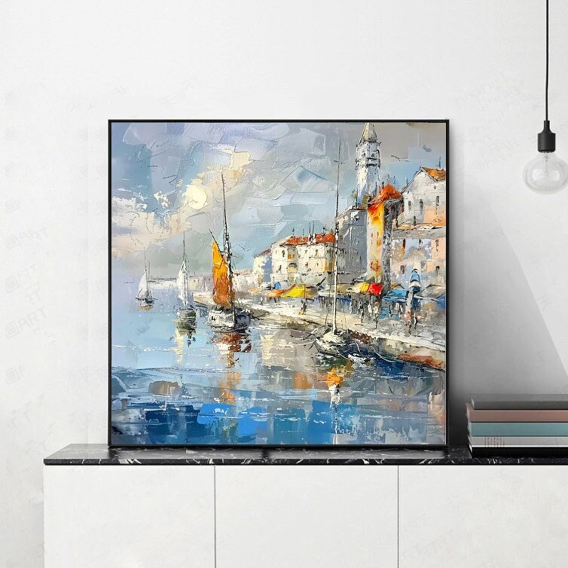 Sunlit Coastal Harbor With Sailboats Impressionist Seaside Art Poster