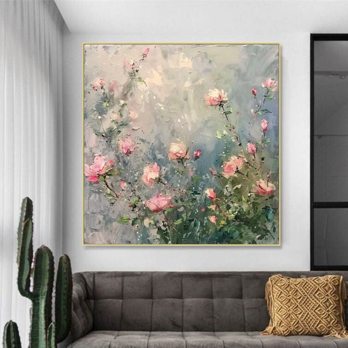 Soft Pink Roses Blooming On Misty Gray Background Floral Art Poster
