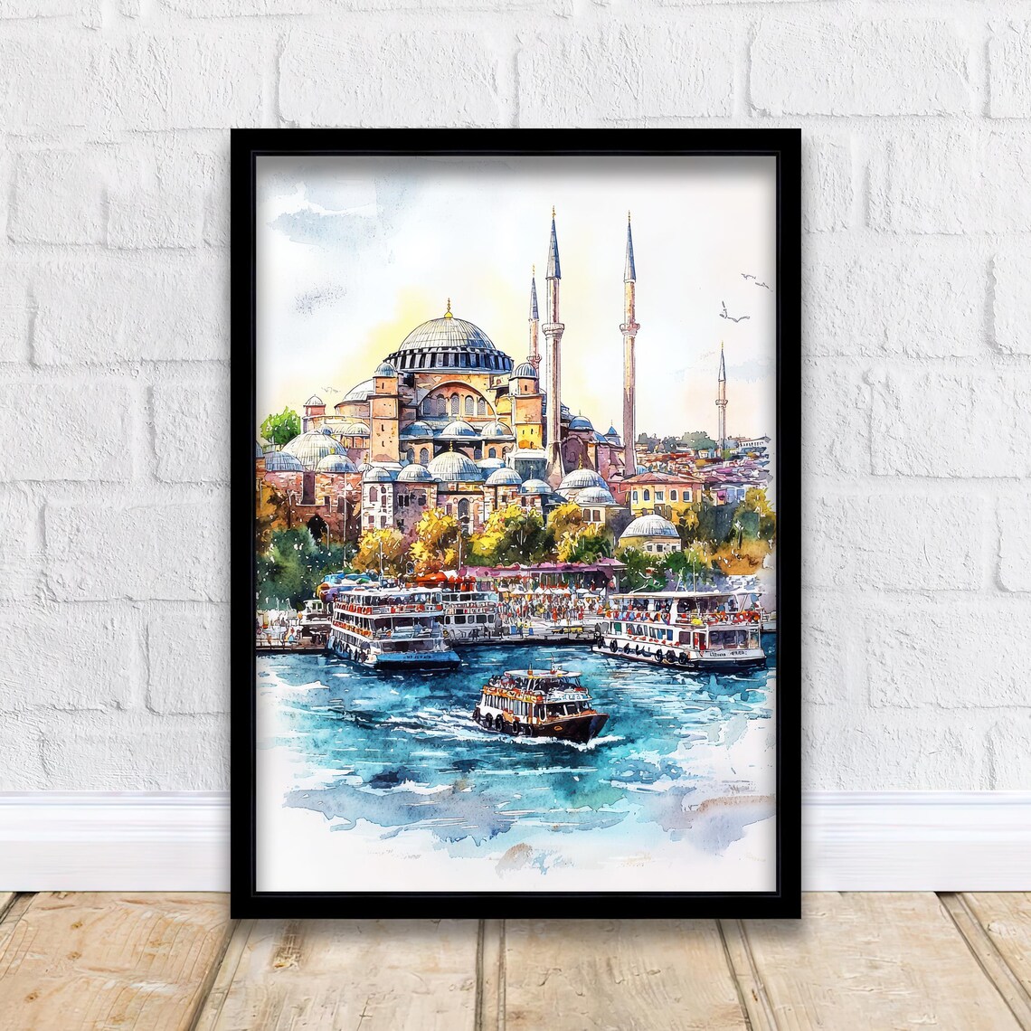 Istanbul Turkey Hagia Sophia Watercolor Mosque Ferries Poster