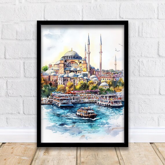 Istanbul Turkey Hagia Sophia Watercolor Mosque Ferries Poster