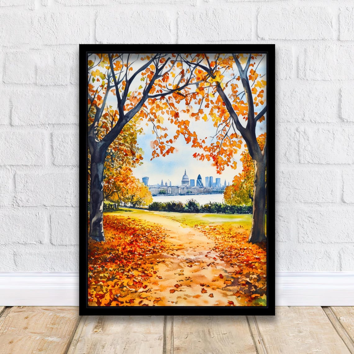 Autumn Park Path with Orange Leaves Framing London Skyline Poster