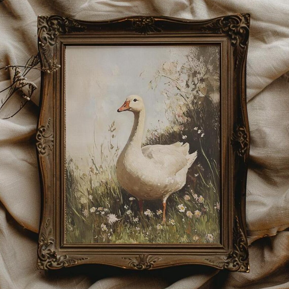 White Goose Standing Among Wildflowers Vintage Painting Poster
