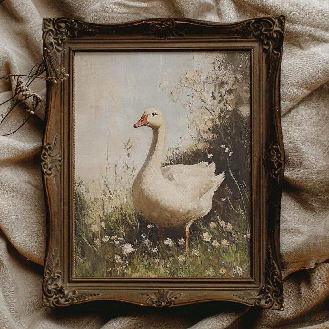 White Goose Standing in Wildflower Meadow Spring Bird Poster - Image 3