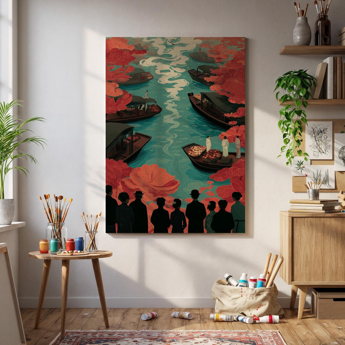 Floating Market River Boats Red Flowers Crowd Silhouette Art Poster