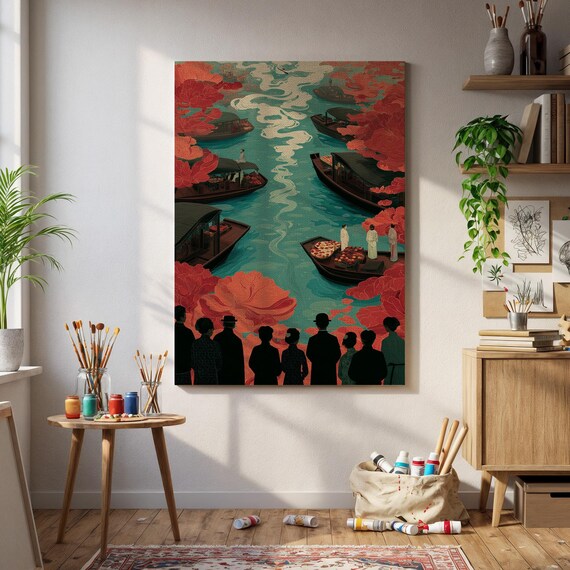 Mystical Floating Market Art Print Silhouetted Crowd Boats On Teal River With Red Floral Accents Bold Wall Decor Canvas