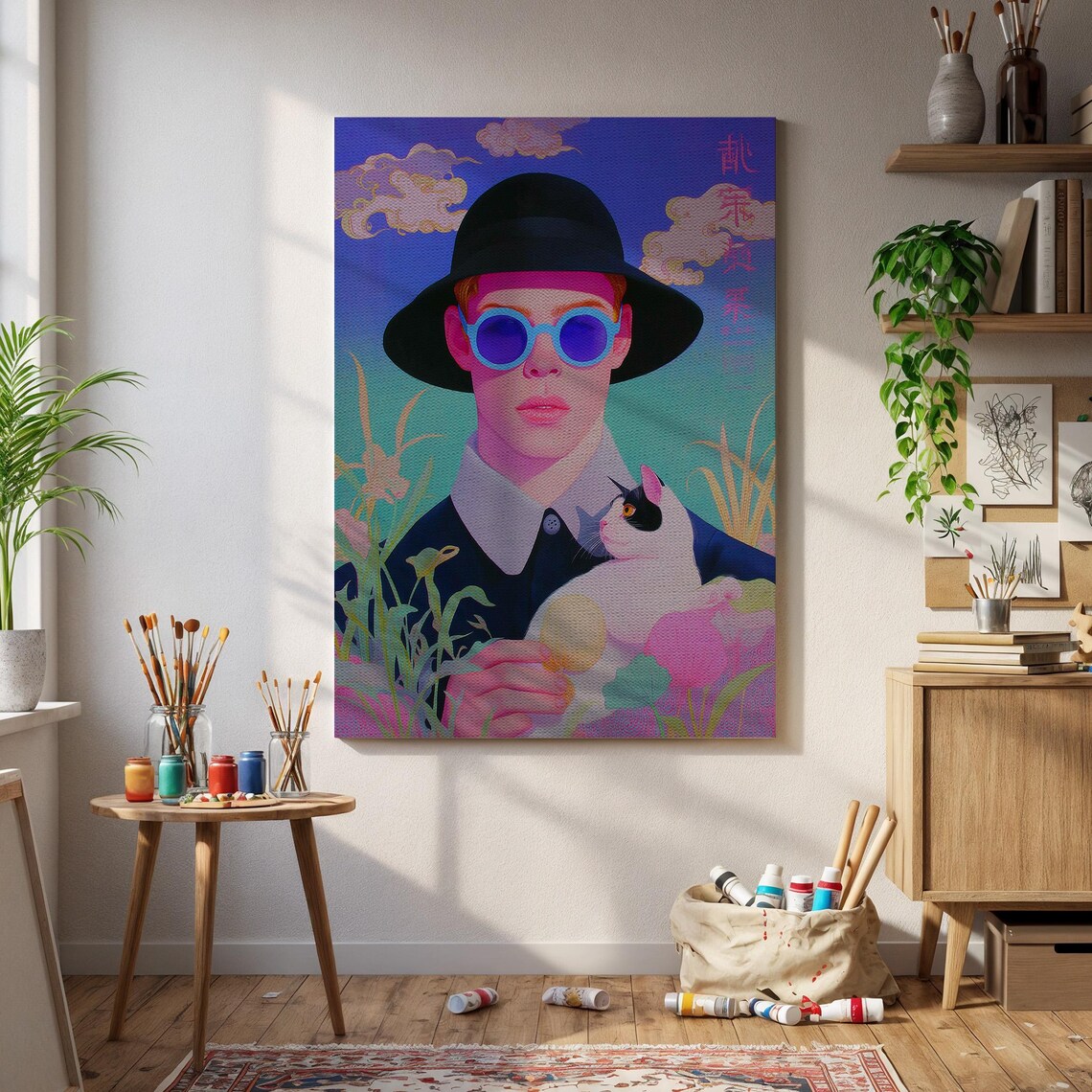 Pop Art Boy With Cat Black Hat Sunglasses Pastel Portrait Poster