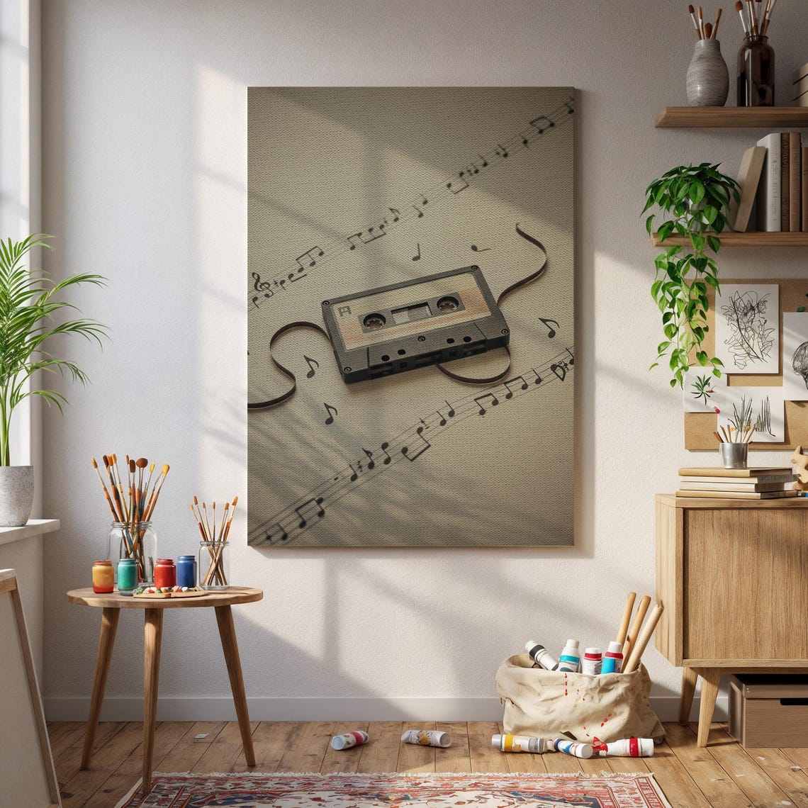 Vintage Cassette Tape Music Notes Retro Beige Room Decor Poster