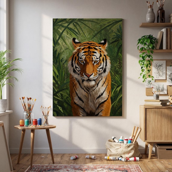 Jungle Tiger Wildlife Portrait Bold Green Safari Animal Wall Art