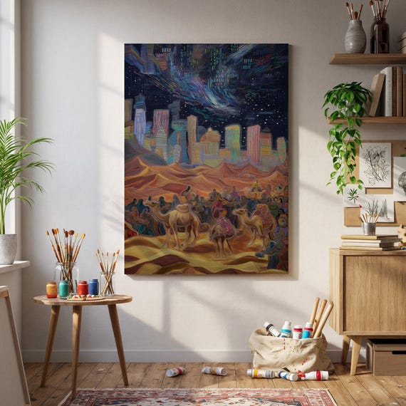 Futuristic Desert Caravan Art Camel Procession Under Starry Skies Neon Skyline Surreal Arabian Landscape Wall Canvas Print