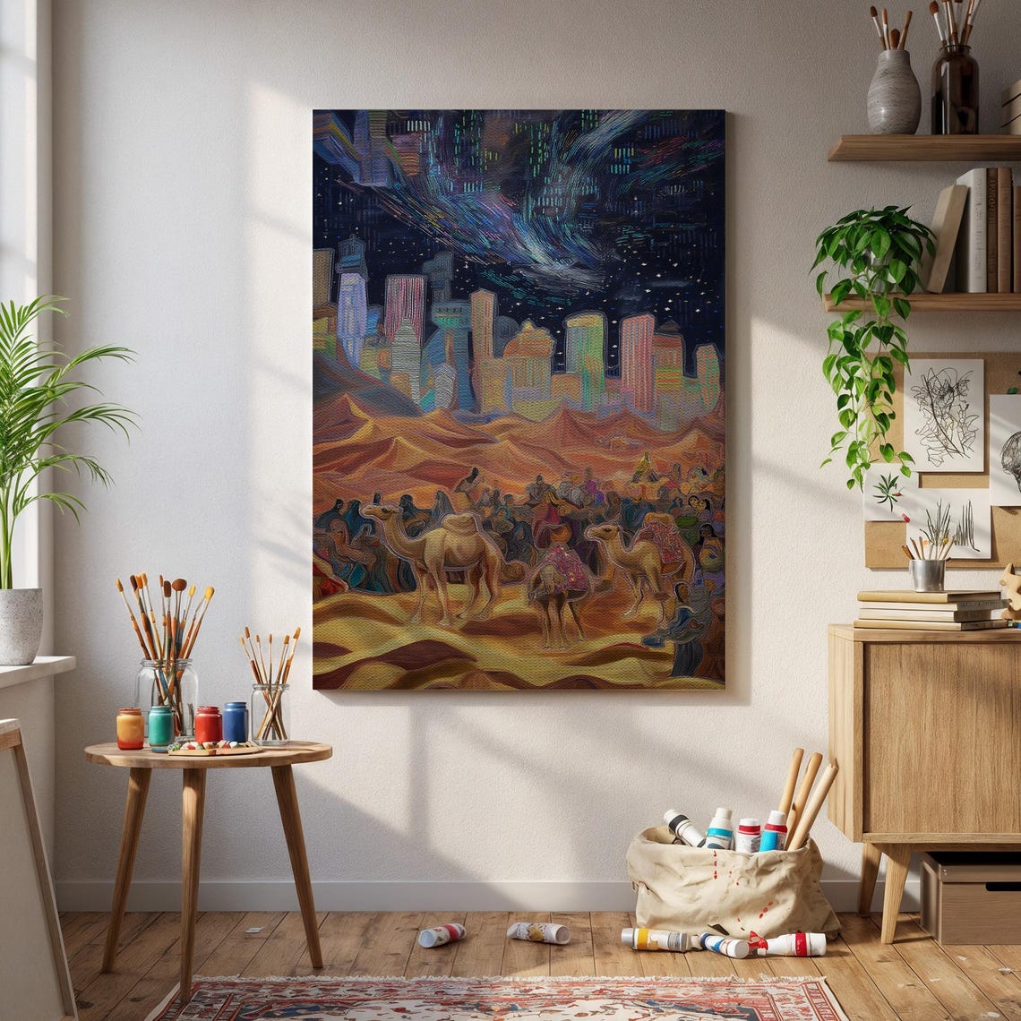 Futuristic Desert Caravan Art Camel Procession Under Starry Skies Neon Skyline Surreal Arabian Landscape Wall Canvas Print