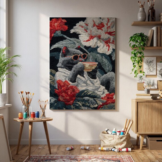 Cool Cat In Bathrobe Drinking Tea Funny Relaxed Kitty Wall Art With Retro Vibe And Flowers Cozy Poster For Lovers Fun Homes
