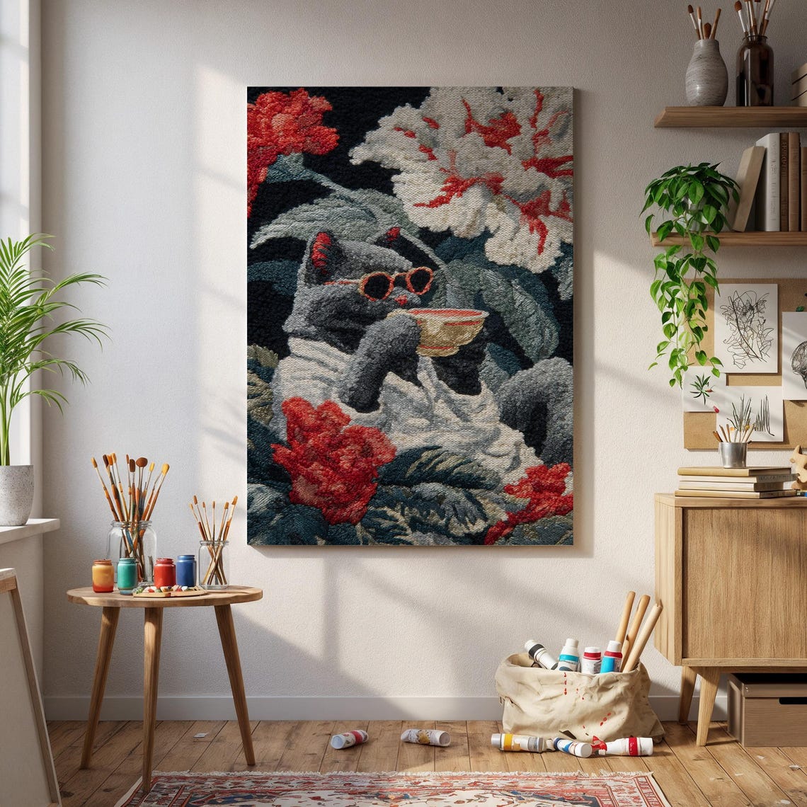 Cool Grey Cat in Bathrobe Drinking Tea With Red Sunglasses Poster